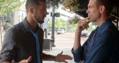 In the video "Does Islam Encourage Violence?" Imam Omar Atia (left) and Zac Parsons discuss modern perceptions of Islam.